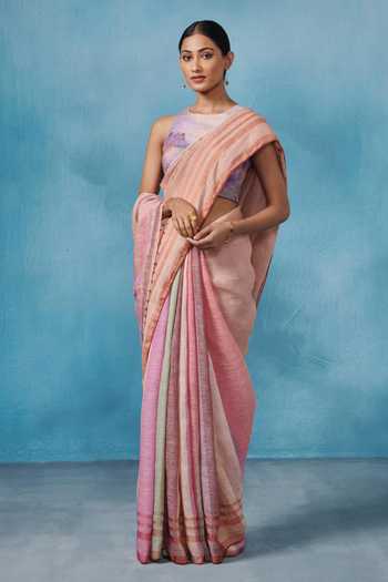 Dressfolk Multi Color Linen Handloom Woven Saree with Running Blouse 