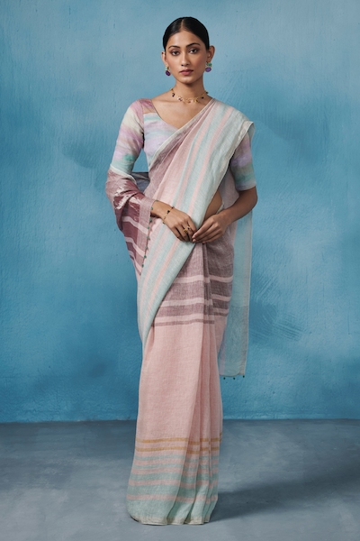Dressfolk Thira Linen Handloom Woven Saree