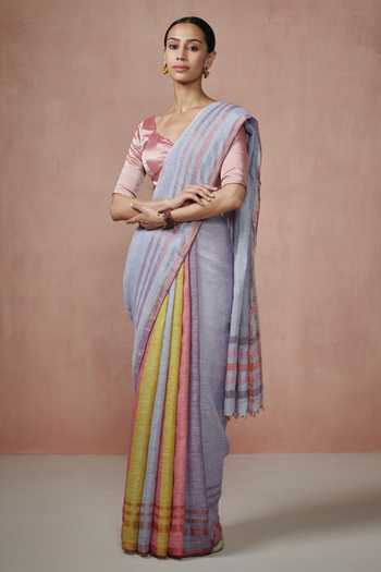 Dressfolk Greyish Blue Linen Handloom Woven Saree with Running Blouse 
