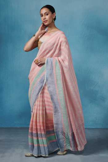 Dressfolk Pink Linen Handwoven Stripe Saree with Running Blouse 