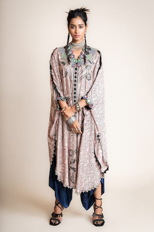 Nupur Kanoi Peacock Print Cape With Draped Pant 