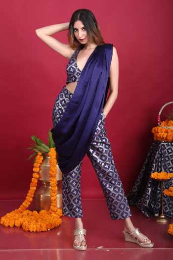 Monk & Mei By Sonia Anand Floral Pattern Pant Set With Solid Drape 