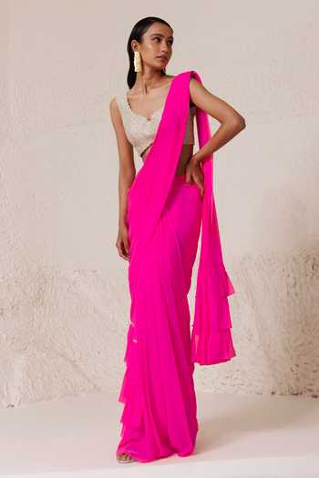 Chhaya Mehrotra Pre-Draped Ruffle Hem Saree With Embellished Blouse 