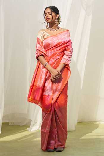 Five Point Five Floral Stripe Katan Silk Handwoven Saree With Running Blouse 