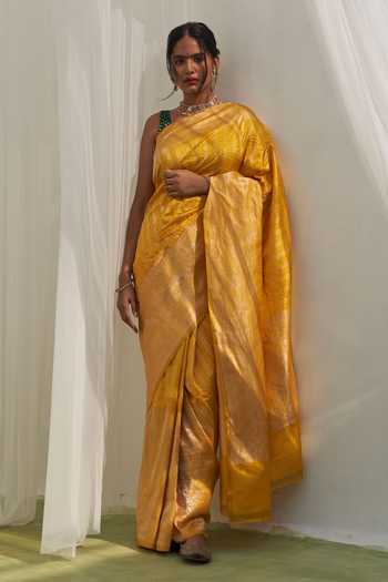 Five Point Five Handwoven Floral Stripe Katan Silk Saree 