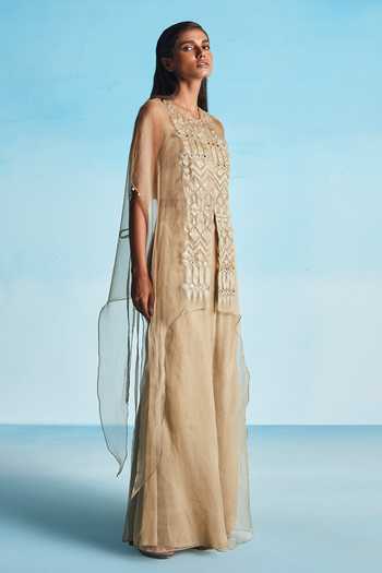 Studio Radical Embroidered Organza Cape Flared Pant Set 