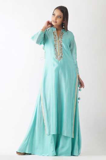 OMI Chanderi Sequin Embroidered Yoke Layered Kurta 