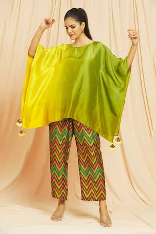 Meghna Panchmatia Silk Tasselled Ombre Kaftan With Pant 