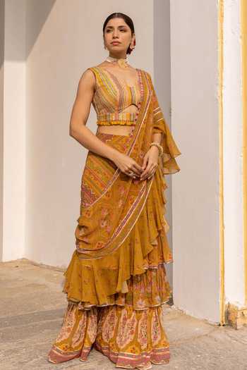 Sandhya Shah Floral & Chintz Print Pre-Draped Ruffle Saree Set 