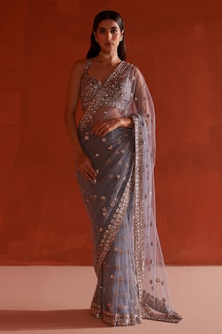 Angad Singh Cutdana Embroidered Grey Saree Set 