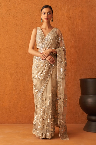 Angad Singh Mirror Border Embroidered Saree With Blouse