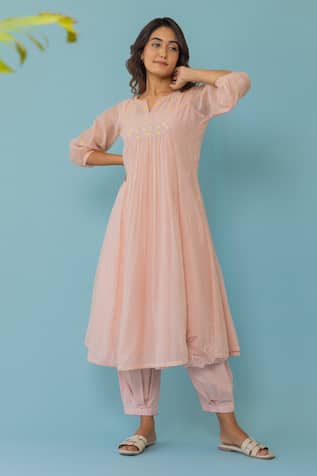 Khamaj India Yoke Hand Embroidered Kurta & Pant Set 