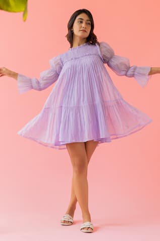 Khamaj India Kira Chanderi Frilled Neck Short Dress With Inner 