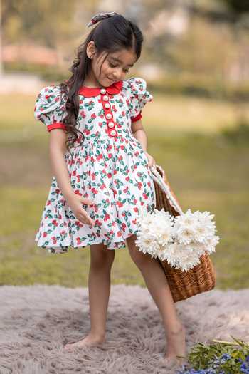 The Pony & Peony Co. White Berry Pattern Cotton Dress 