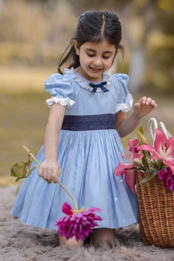 The Pony & Peony Co. Blue Cotton Dress with Mesh Applique 
