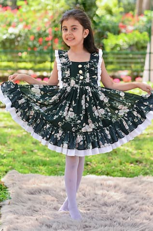 Floral Print Cotton Dress With Frilled Sleeves 