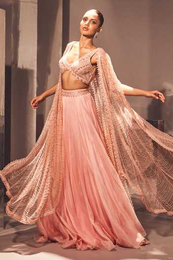 Ritika Mirchandani Ayla Crystal Scallop Embellished Cape Skirt Set 