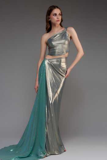 Cham Cham Sequined Draped Skirt With Top 