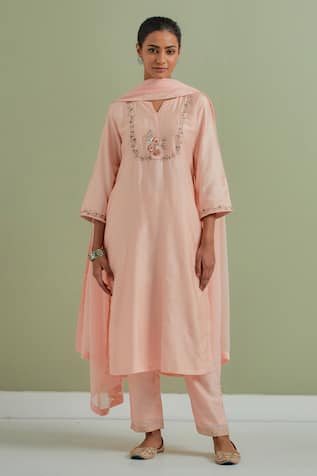Floral Embroidered Peach Kurta Set For Kids
