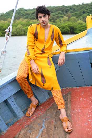 Punit Balana Leaf Printed Mustard Kurta & Jogger Pant Set 