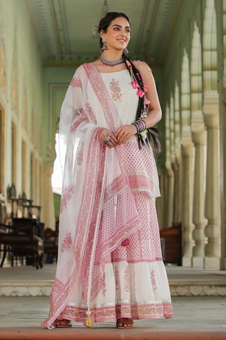 Bairaas Floral Block Print Kurta Sharara Set