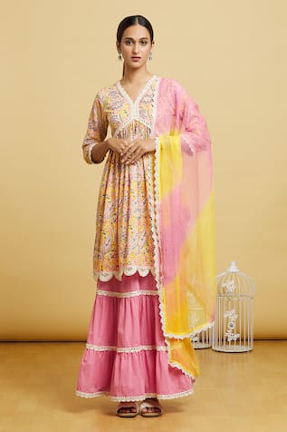 Samyukta Singhania Handblock Floral Jaal Anarkali Gharara Set 