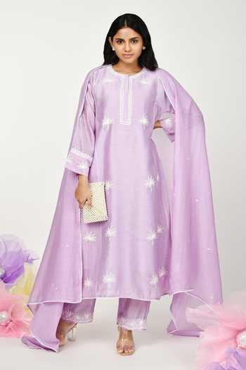 Komal Shah Chanderi Floral Embroidered Kurta Set 