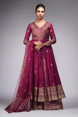 Hand Block Print Angrakha Anarkali Sharara Set 