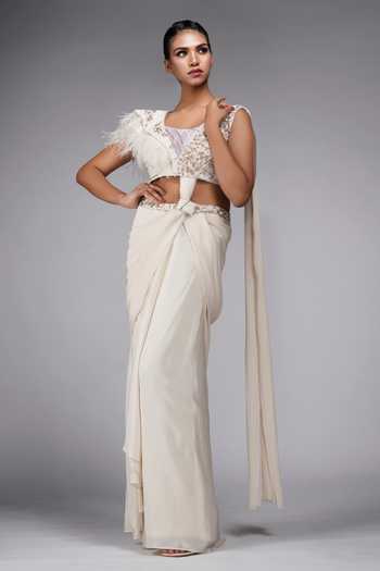 Shruti S Pre-Draped Saree With Feather Applique Blouse 