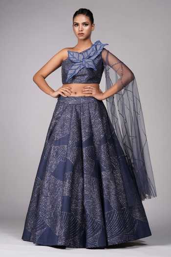 Shruti S Grey Asymmetric Neck Embroidered Lehenga Set 