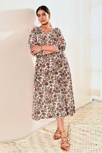 Moontara Block Print Balloon Sleeve Dress 