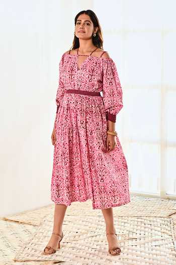 Moontara Ikat Print Cold Shoulder Dress 