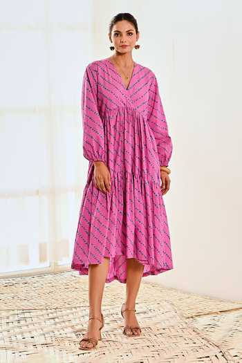 Moontara Geometric Print Balloon Sleeve Dress 