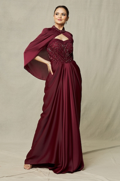 Khwaab by Sanjana Lakhani Bead Embroidered Draped Gown With Cape