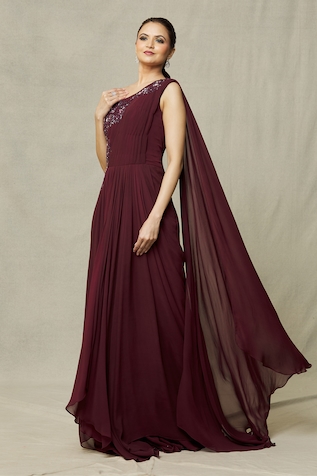 Khwaab by Sanjana Lakhani One Shoulder Embroidered Draped Gown
