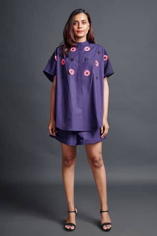 Deepika Arora Cotton Geometric Embroidered Shirt & Shorts Set 