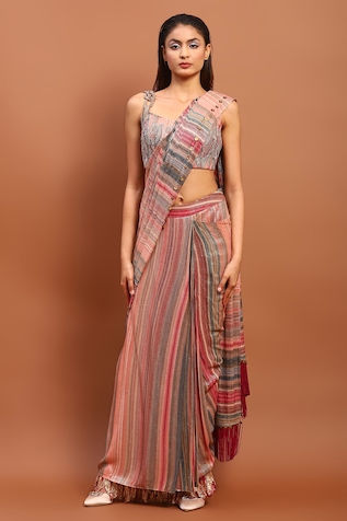 Soniya G Sequin Embroidered Pre-Draped Saree With Blouse