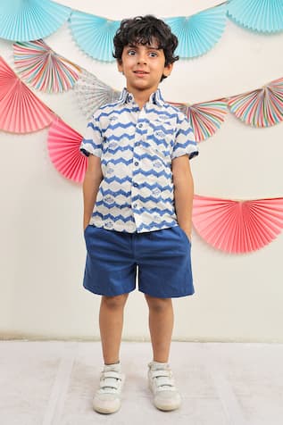 Tiny Colour Cotton Whimsical Wave Print Shirt & Shorts Set 
