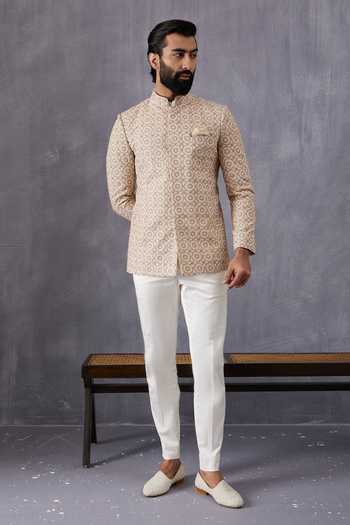 Arjan Dugal Chanderi Silk Embroidered Bandhgala Set 