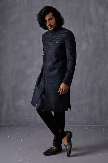 Arjan Dugal Chanderi Silk Geometric Embroidered Achkan Set 