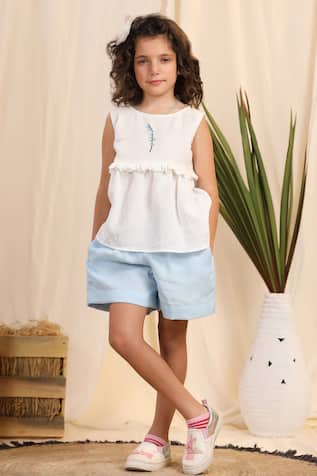 Casa Ninos Linen Placement Embroidered Top & Shorts Set 