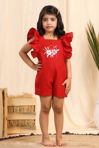 Casa Ninos Linen Placement Embroidered Playsuit 