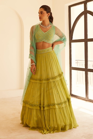 Buy Green Satin Hand Embellished Pleated Saree With Embroidered Blouse For  Women by Minaki Online at Aza Fashions.