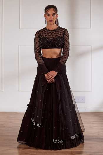 Sonal Pasrija Embroidered Blouse Tiered Lehenga Set 
