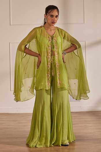 Sonal Pasrija Floral Cutdana Embellished Sheer Cape Sharara Set 