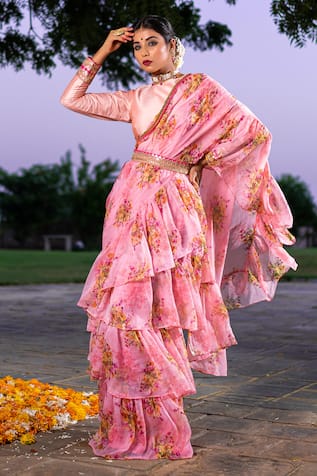 The Home Affair Floral Printed Pre-Draped Ruffle Saree 