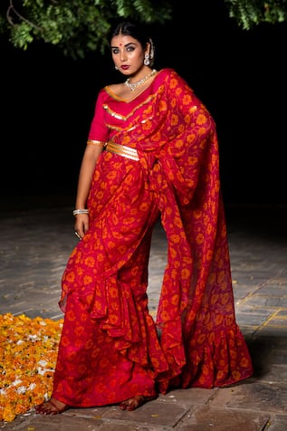 The Home Affair Ruffle Pre-Draped Saree With Embroidered Blouse 