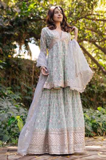 Gopi Vaid Floral Print Peplum Kurta & Sharara Set 