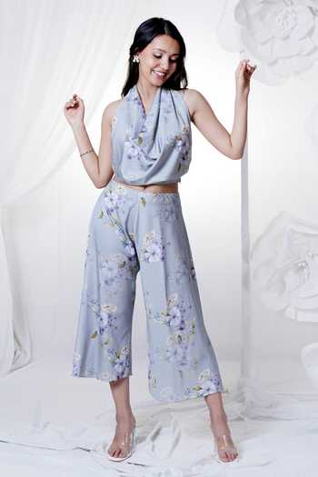 HOUSE OF TA-YA Cotton Satin Printed Cowl Top & Pant Set 