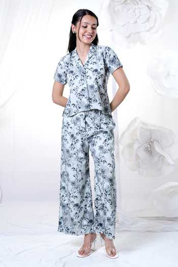 HOUSE OF TA-YA Cotton Satin Printed Shirt & Flared Pant Set 